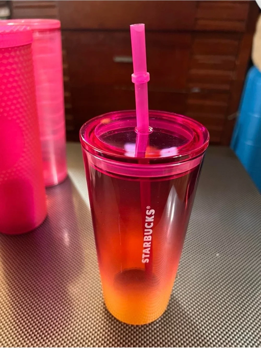 Starbucks Pink and Orange Ombre Reusable Tumbler with Straw